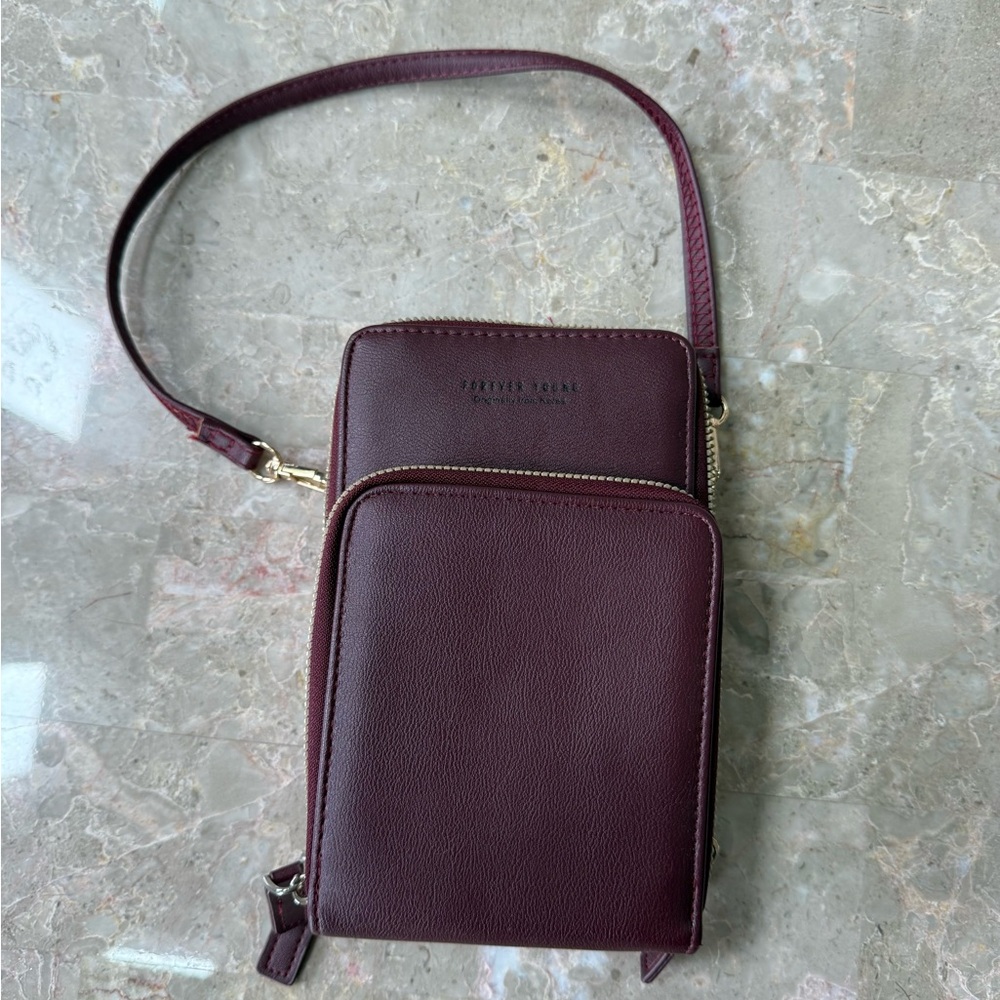 Burgundy Faux Leather Crossbody Wristlet Strap Purse
